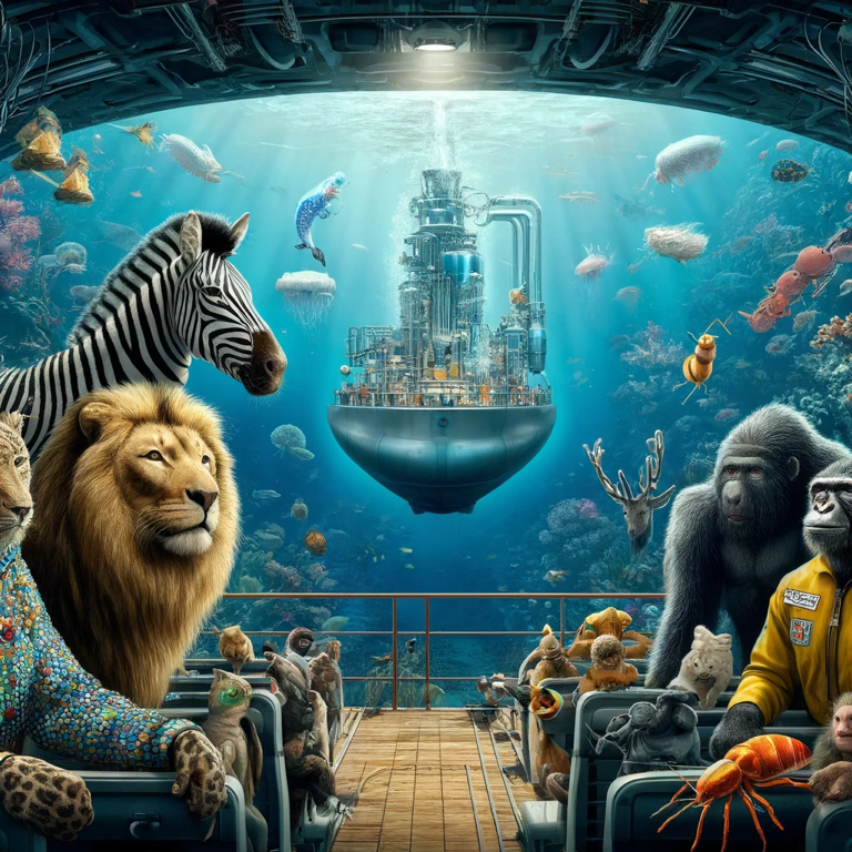 A team of zebra, lion, ant, monkey, and gorilla showcasing whisky craftsmanship in an underground distillery, captivating whisky lovers and enthusiasts in a mystical deep sea kingdom