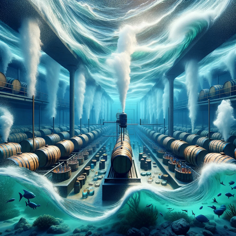 A team of zebra, lion, ant, monkey, and gorilla showcasing whisky craftsmanship in an underground distillery, captivating whisky lovers and enthusiasts in a mystical deep sea kingdom