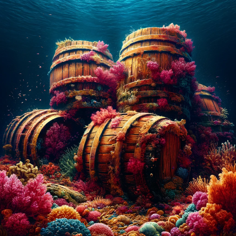 A team of zebra, lion, ant, monkey, and gorilla showcasing whisky craftsmanship in an underground distillery, captivating whisky lovers and enthusiasts in a mystical deep sea kingdom