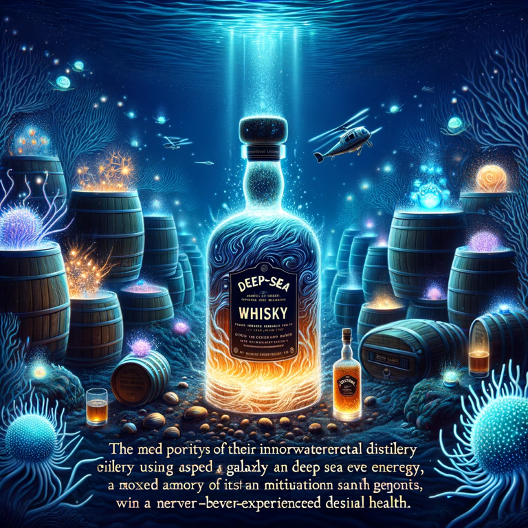 A team of zebra, lion, ant, monkey, and gorilla showcasing whisky craftsmanship in an underground distillery, captivating whisky lovers and enthusiasts in a mystical deep sea kingdom