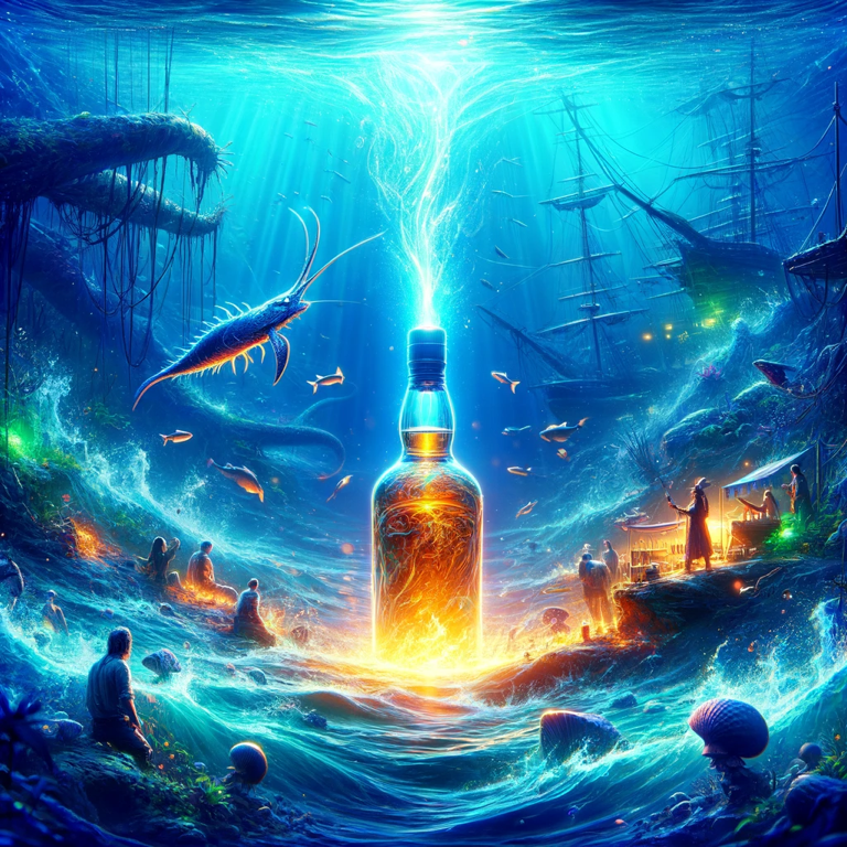 A team of zebra, lion, ant, monkey, and gorilla showcasing whisky craftsmanship in an underground distillery, captivating whisky lovers and enthusiasts in a mystical deep sea kingdom