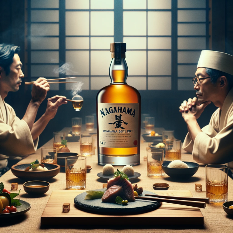  A beautifully set dining table featuring Nagahama Distillery’s award-winning whiskies paired with exquisite food, set against the scenic backdrop of Mount Fuji, ideal for whisky enthusiasts.