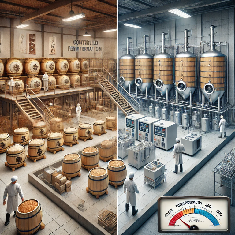 Traditional fermentation vessels in a Japanese distillery showcasing the shared techniques in sake and whisky creation.