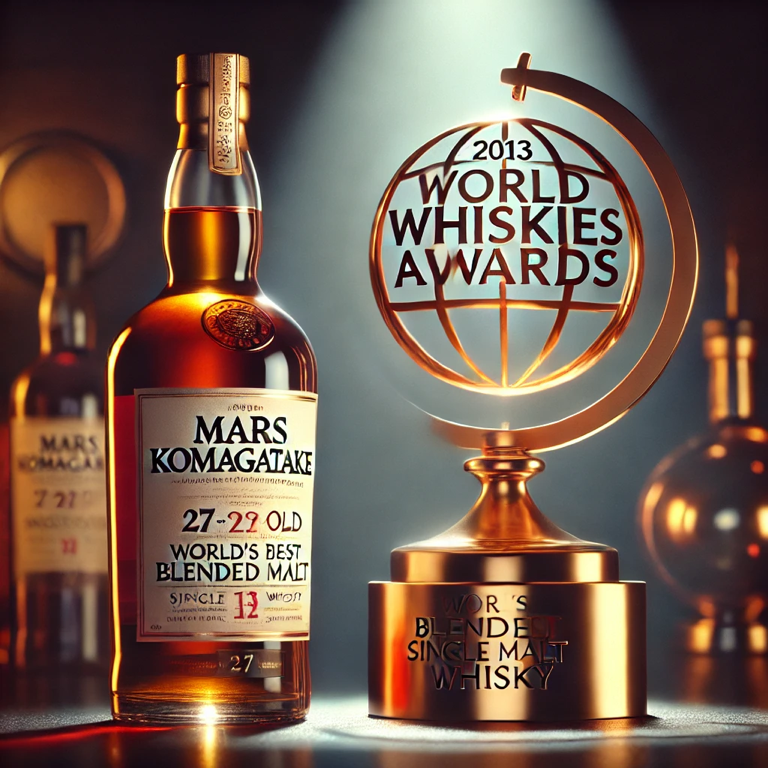 Mars Shinshu whisky bottle displayed with awards and recognition for its craftsmanship and quality, appreciated by whisky lovers and connoisseurs worldwide.