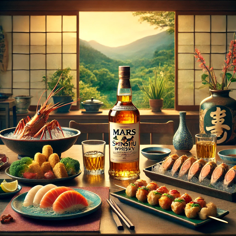 A beautifully presented table of Japanese cuisine, featuring dishes like sashimi, tempura, and yakitori, paired with Mars Shinshu whisky for whisky lovers and enthusiasts