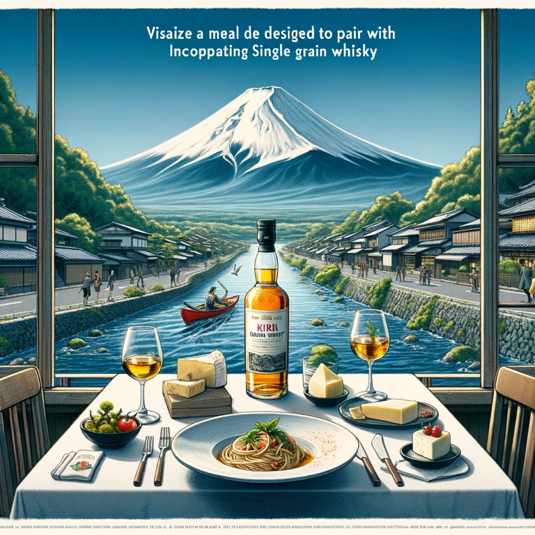 Kirin Gotemba whisky paired with traditional Japanese dishes like sashimi, grilled meats, and seasonal vegetables, enhancing the flavors for whisky lovers.