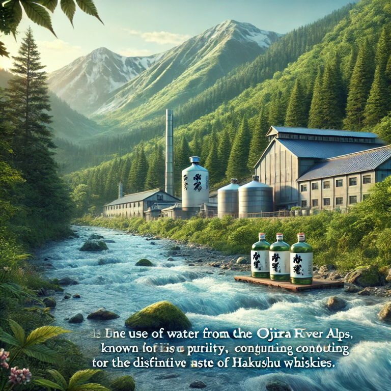 A picturesque view of Hakushu Distillery surrounded by lush green forests in the Japanese Alps.