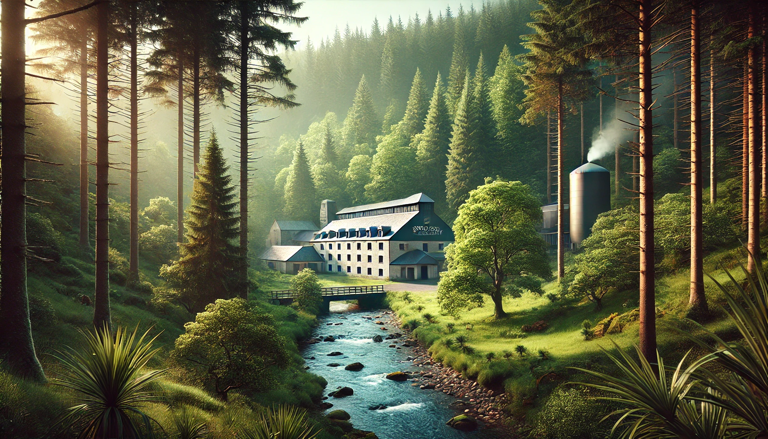 A picturesque view of Hakushu Distillery surrounded by lush green forests in the Japanese Alps.