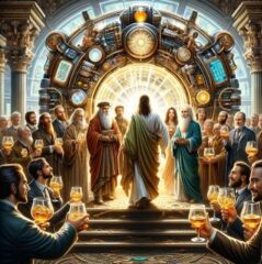 Leonardo da Vinci tasting a premium whisky,