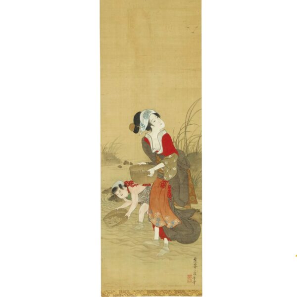 Painting Of Catching Clams, A Hanging Scroll, Ink and Color on Silk01