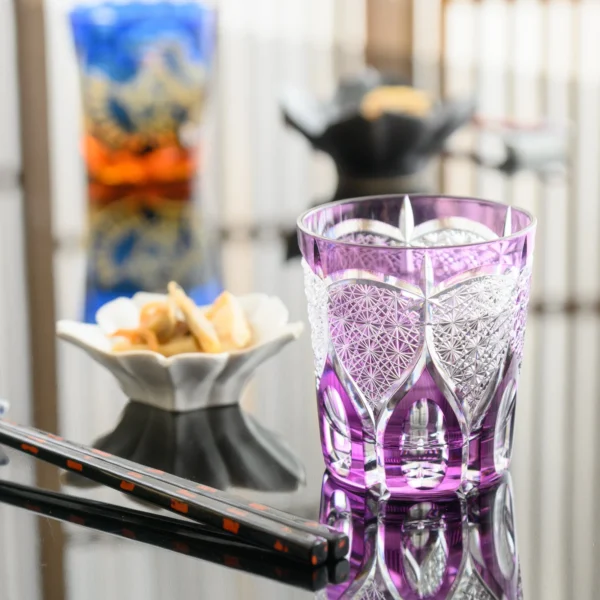 REGAL VIOLET CHRYSANTHEMUM FAN EDO KIRIKOWHISKEY GLASS05